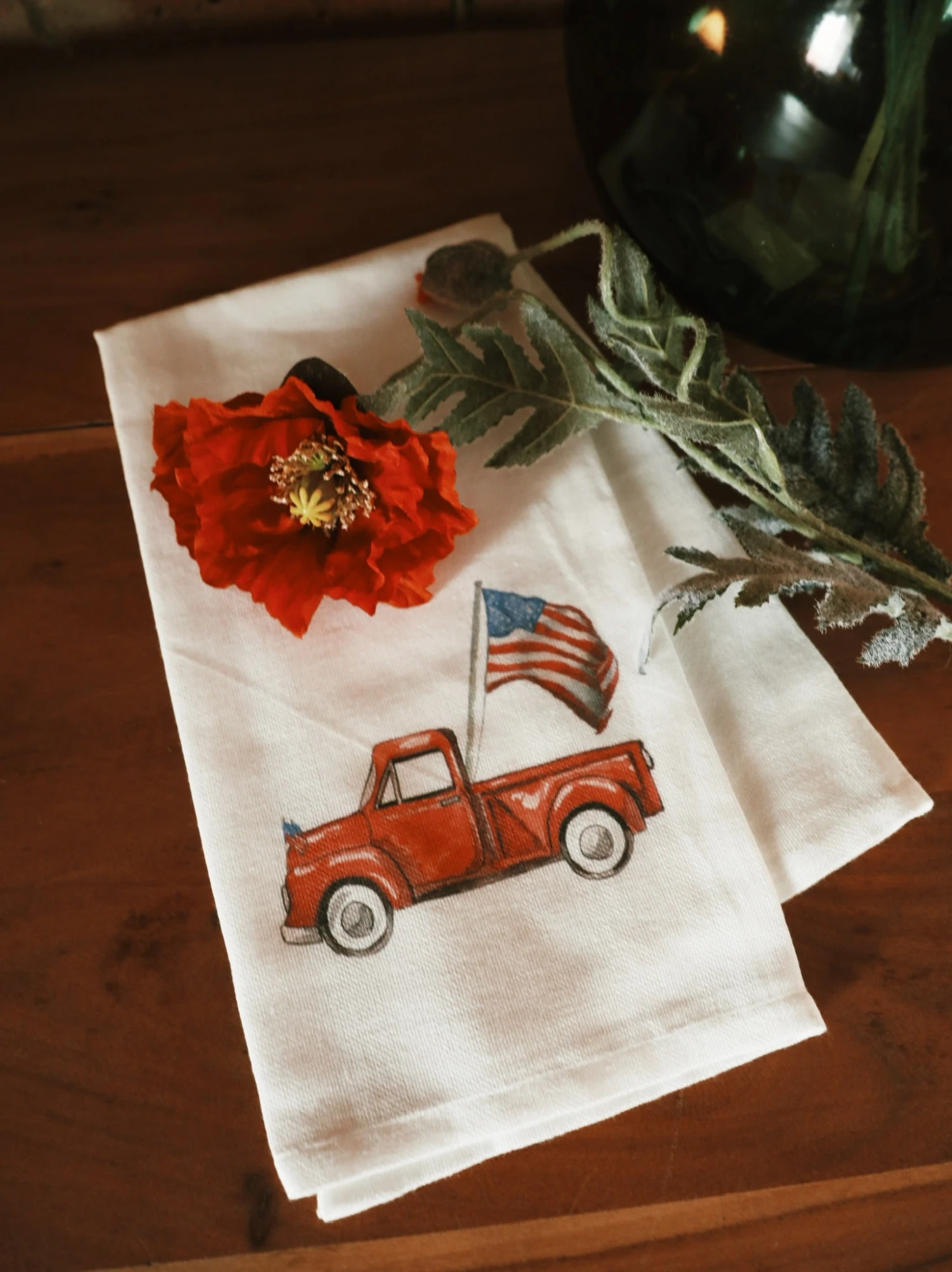 Red Truck With Flag Dish Towel 1 Red Truck With Flag Dish Towel